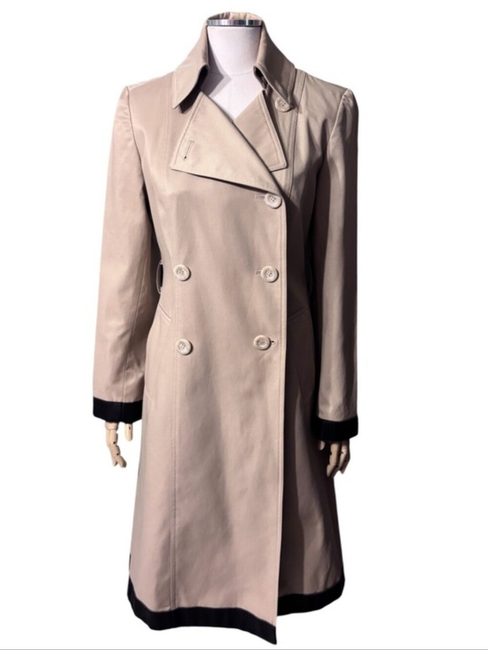 INC Tan Double Breasted Trench Coat Leather Accents Size Small